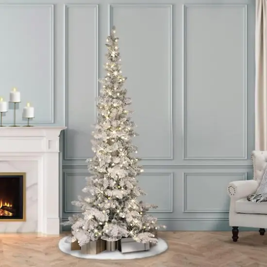 6.5 ft Pre-Lit Flocked Whistler Artificial Pine Tree, Warm White LED Lights {4}