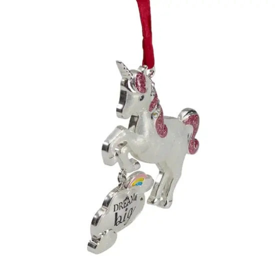 White And Silver Glitter Dream Big Unicorn Enamel Ornament {4}