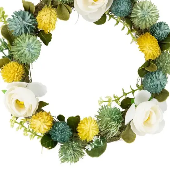 9" Cream Rose, Green & Yellow Thistle Hanging Spring Wreath {5}