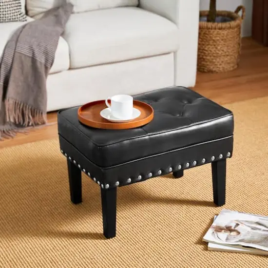 Glitzhome&reg; Mid-Century Modern Leatherette Button-Tufted Accent Stool Black {4}