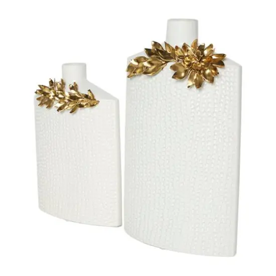 White & Gold Leaf Accent Ceramic Vase Set {6}