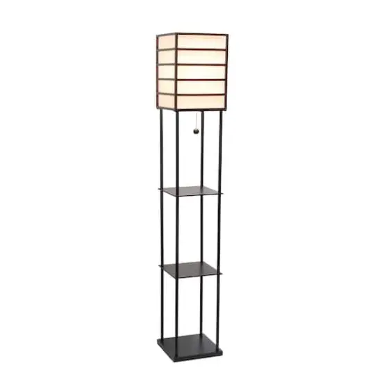 Lalia Home Metal Floor Lamp with Storage Shelves and Linen Shade Black Shelves and Brown Wood {3}