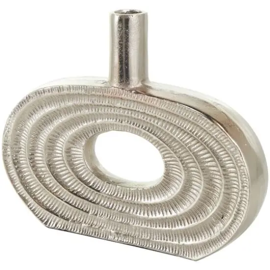 12" Silver Aluminum Geometric Circular Vase with Linear Etchings {8}