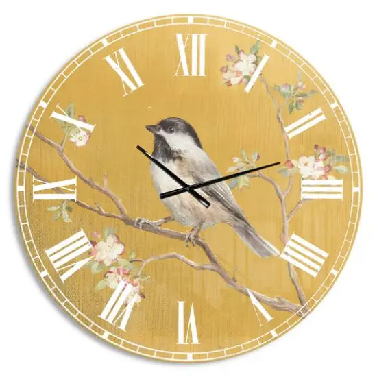 Designart 'Gold Bird On Blossoms Iv Farmhouse Wall Clock {1}