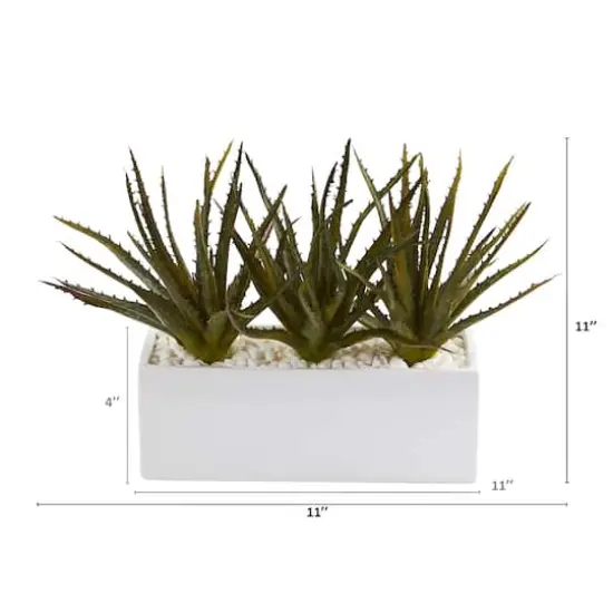 11" Triple Aloe Succulent Artificial Plant in White Planter {3}