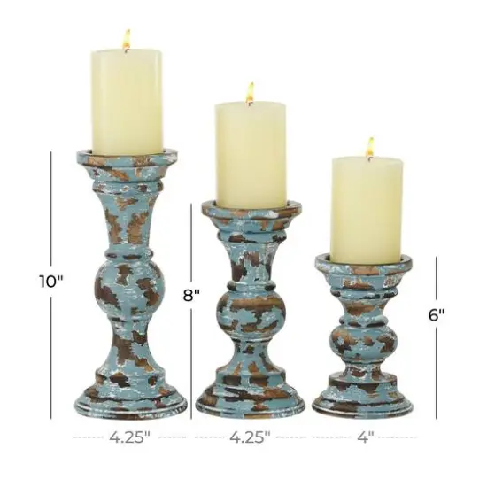 Light Blue Mango Wood Country Cottage Candle Holder Set {6}