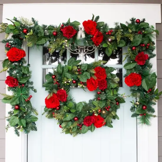 Village Lighting 30" LED Red Peonies & Berry Wreath {4}