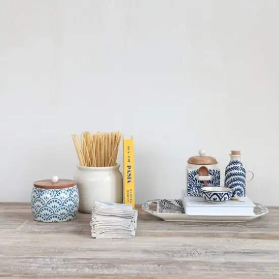 Hello Honey 8 oz. Hand-Painted Stoneware Oil Cruet with Design and Cork Stopper, Cream Color and Blue {5}