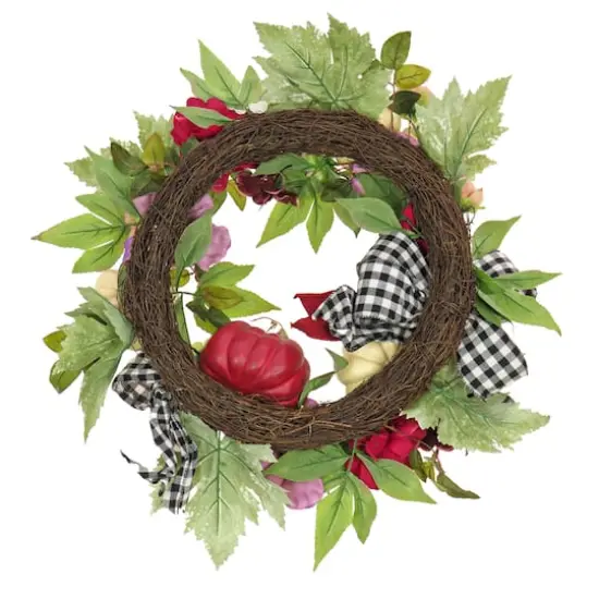 22" Harvest Wreath Decoration with Peony, Pumpkin and Bow {5}