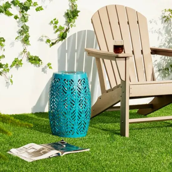 Glitzhome&reg; 18.25" Multifunctional Solar Powdered Iron Leaf Cutout Garden Stool Blue {6}