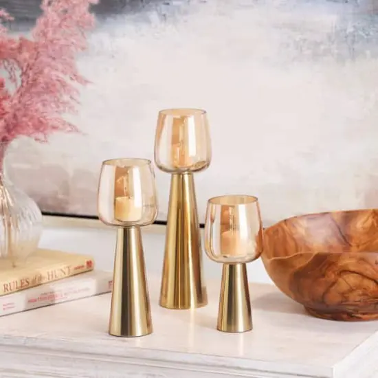Contemporary Stainless Steel & Glass Candle Holder Set Gold {3}