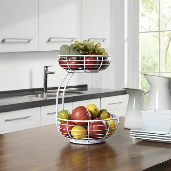 SunnyPoint Classic 2-Tier Wire Basket Bowl Stand with Wooden Base White {5}