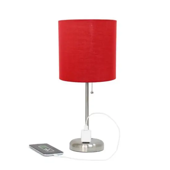 Creekwood Home Oslo 19.5" Power Outlet Table Lamp Brushed Steel Base/Red Shade {7}