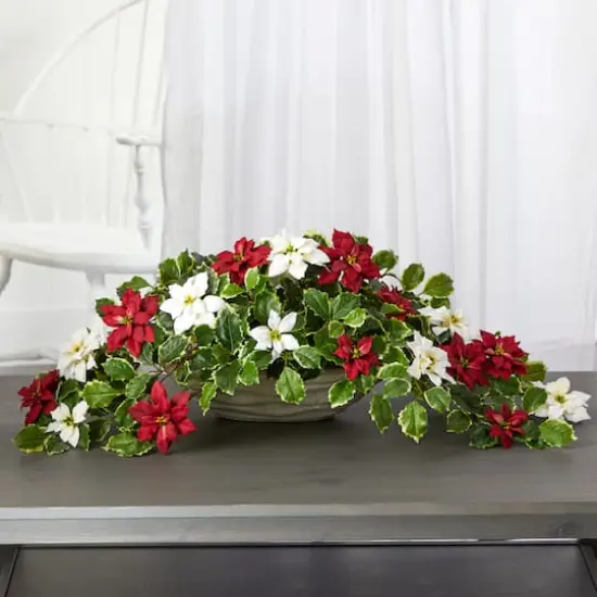 33&rdquo; Poinsettia & Variegated Holly Artificial Plant in Planter {4}