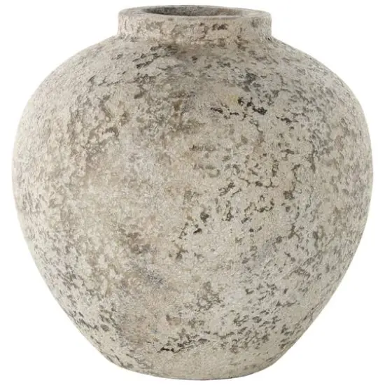 12" Cream Ceramic Antique Style Round Vase with Textured Distressing {4}