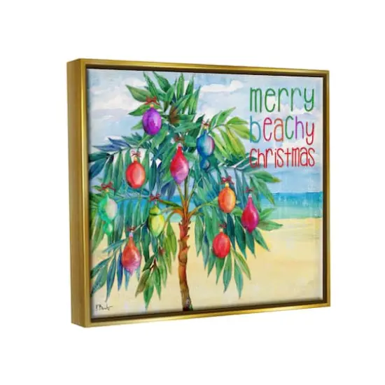 Stupell Industries Merry Beachy Christmas Holiday Palm Gold Framed Floater Canvas Wall Art {4}