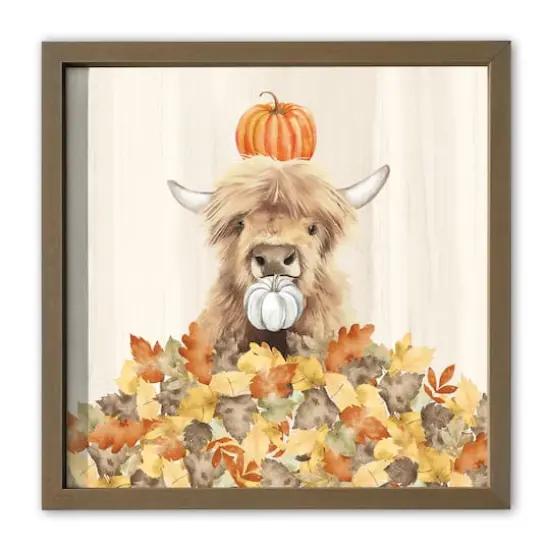 Autumn Cow Leaf Pile 16" x 16" Brown Framed Print {1}