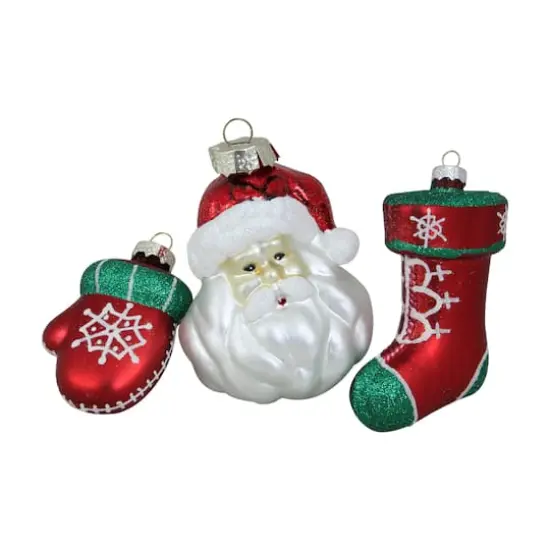 4.25" Red & Green Santa Glass Christmas Ornament Set {1}