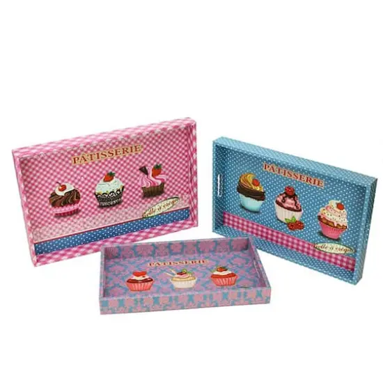 Pink & Blue Patisserie Printed Rectangular Serving Tray Set {1}