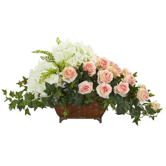 16" White & Pink Hydrangea & Rose Arrangement in Metal Planter {1}