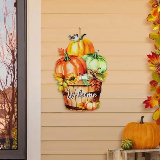 Glitzhome&reg; 30.25" Fall Metal Pumpkins with Barrel Yard Stake {3}