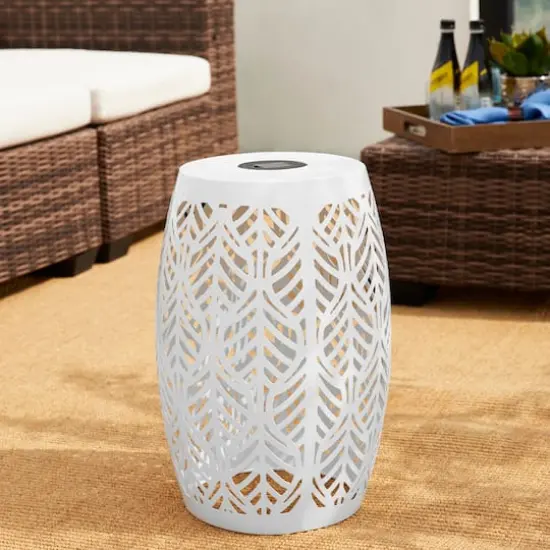 Glitzhome&reg; 18.25" Multifunctional Solar Powdered Iron Leaf Cutout Garden Stool White {4}