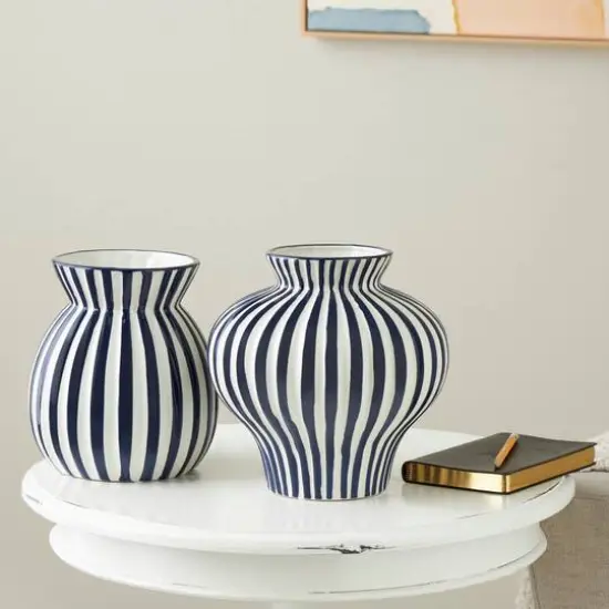 Blue Stripes Rounded Ceramic Vase Set {3}