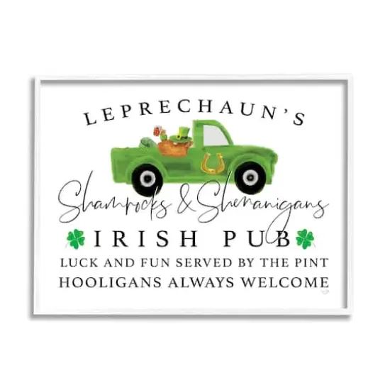 Stupell Industries Irish Pub Whimsical Leprechaun Green Shamrock Details Framed Giclee Art White {1}