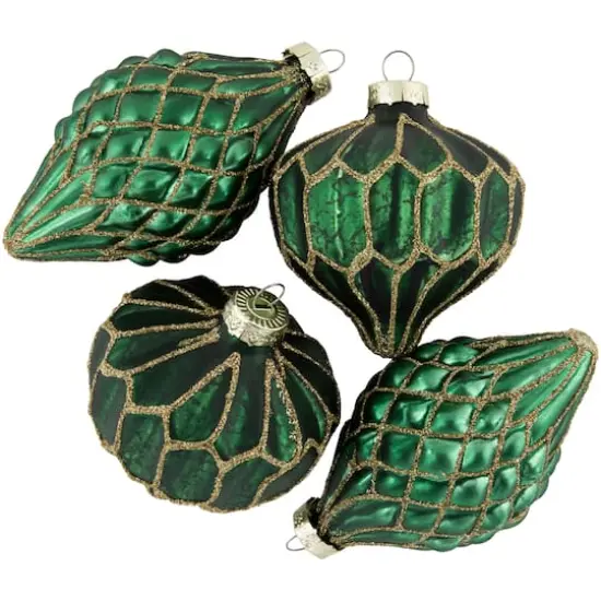 4ct. Green with Gold Glitter Onion & Finial Glass Christmas Ornaments {1}