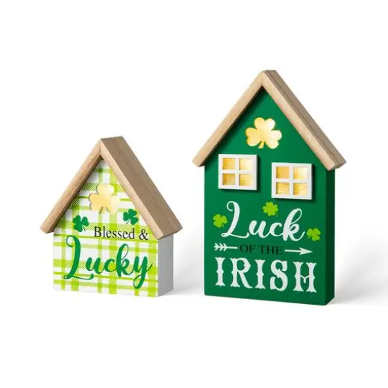 Glitzhome&reg; Lighted St. Patrick's Wooden House Table D&eacute;cor Set {7}