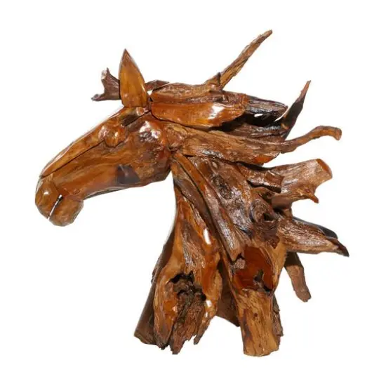 Brown Teak Wood Natural Horse Sculpture 33" x 31" x 13" {4}