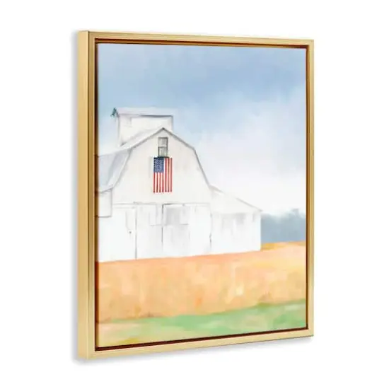 Stupell Industries American Flag White Country Barn Rural Scenery Floater Framed Art Gold {4}