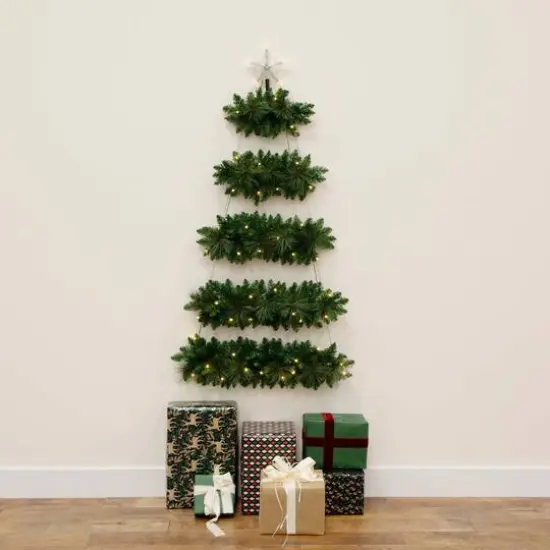 5ft. Pre-Lit Fir Wall Hanging Artificial Christmas Tree with Star Topper, Warm White LED Lights {3}
