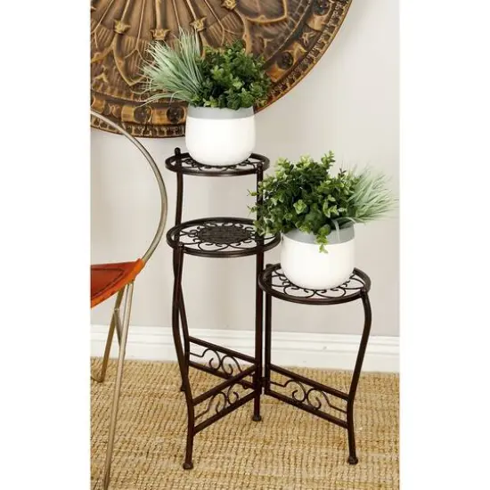 24" Brown Metal Tiered Traditional Plant Stand {9}