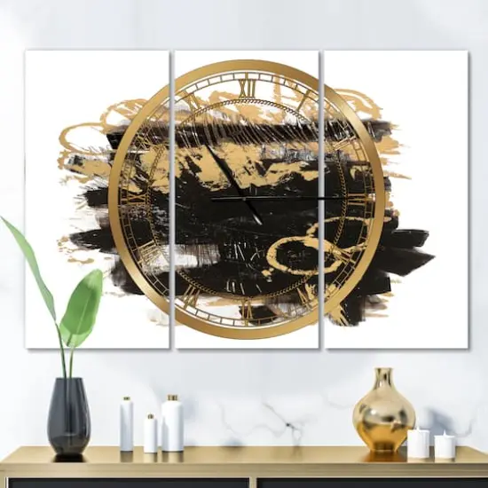 Designart 'Gold And Black Drift Ii Modern Multipanel Wall Clock {3}