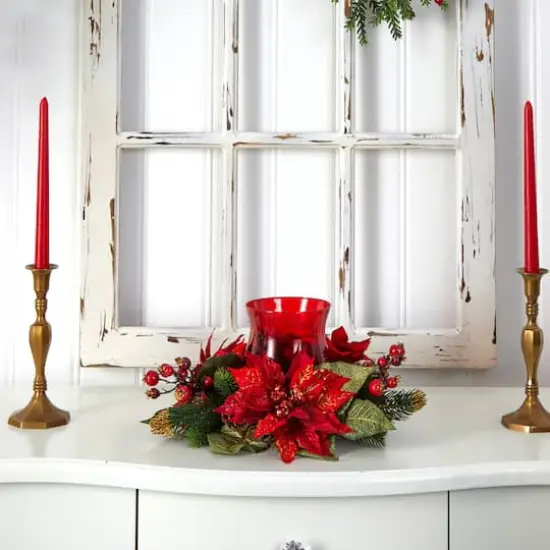 13" Poinsettia & Berry Candelabrum Artificial Arrangement {5}
