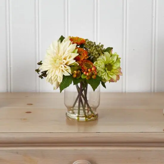 10.5" Dahlia & Mum Arrangement with Glass Vase {5}