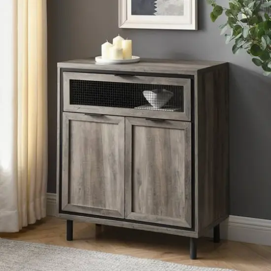 Walker Edison Gray Wash Mesh Metal Accent Cabinet {8}