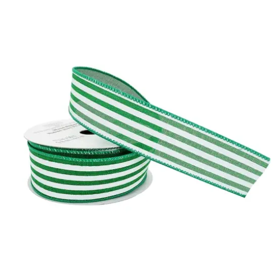 1.5" x 30ft. Stripe Faux Linen Wired Ribbon by Celebrate It&trade; D&eacute;cor Kelly Green {5}