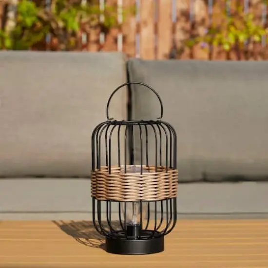 Glitzhome&reg; 11.75" Metal Wire Faux Rattan Solar Powered Outdoor Lantern {3}