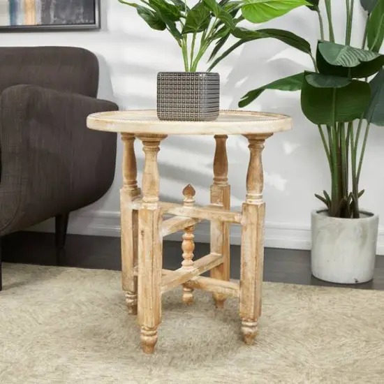 23" Cream Mango Wood Whitewashed Accent Table with Silver Beaded Rim and Turned Legs {8}