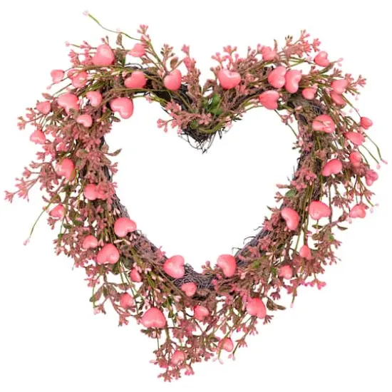 18" Pink Hearts & Rosebuds Artificial Heart Shaped Valentine's Day Wreath {1}