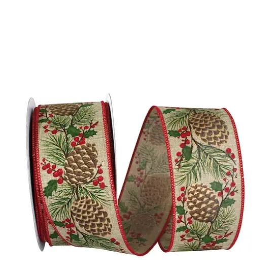 JAM Paper 2.5" x 20yd. Natural Pinecone Berry Sprig Wired Ribbon {1}