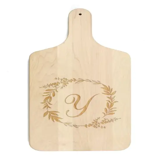Floral Wreath Monogram Maple Paddle Cutting Board Y {1}
