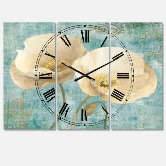 Designart Bouquet Poppies On Paisley II 3 Farmhouse Panel Wall Clock {1}