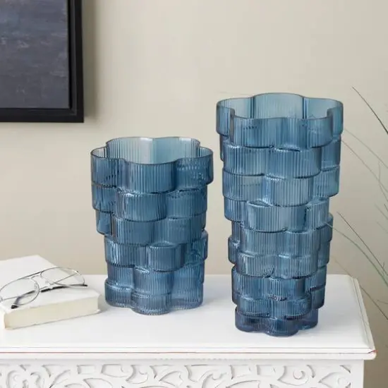 Blue Glass Stacked Flower Shape Vase, 2ct. {9}