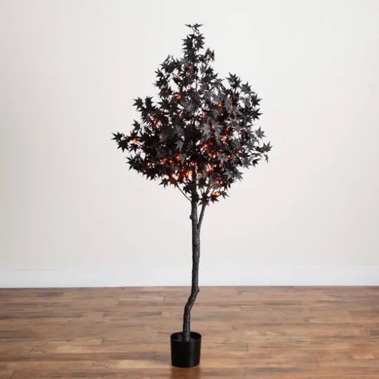 6ft. Pre-Lit Artificial Halloween Black Maple Tree with 300 Orange & Purple LED Lights {9}