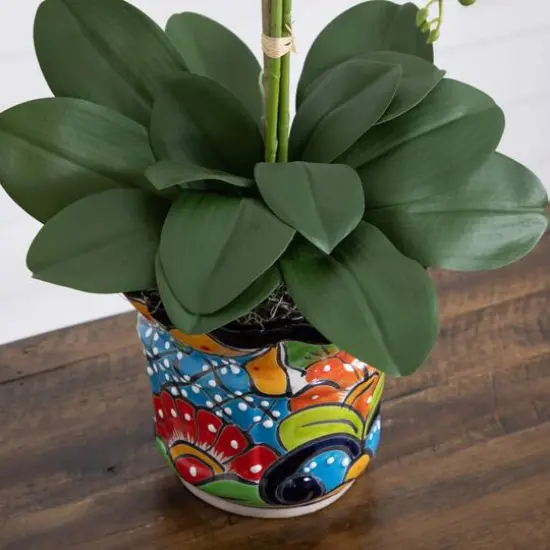 2.25ft. Artificial Triple Orchid Arrangement in Handmade Mexican Talavera Ceramic Planter {6}