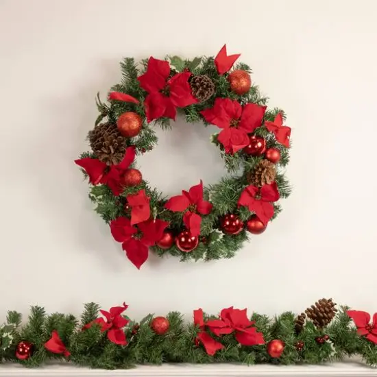 Pre-Decorated Red Poinsettia Pine Cone & Ball Artificial Garland, Unlit {4}