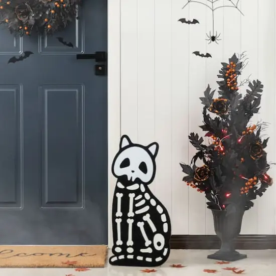 Glitzhome&reg; Halloween Wooden Skeleton Cat and Stacked Pumpkin Porch Decor Set {5}